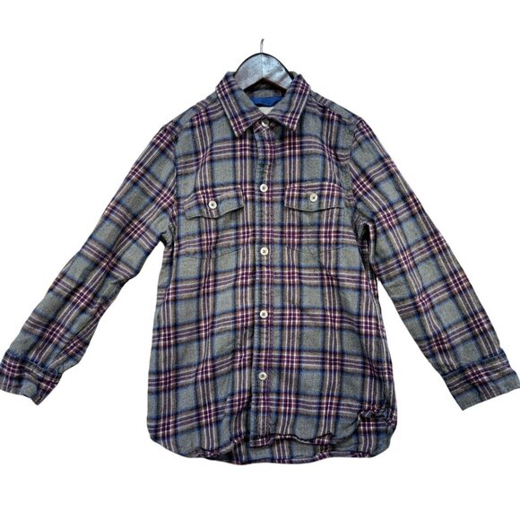 Boden Kids Plaid Flannel Button-Up Shirt 7-8Y Multicolor Gray Purple - Picture 1 of 10